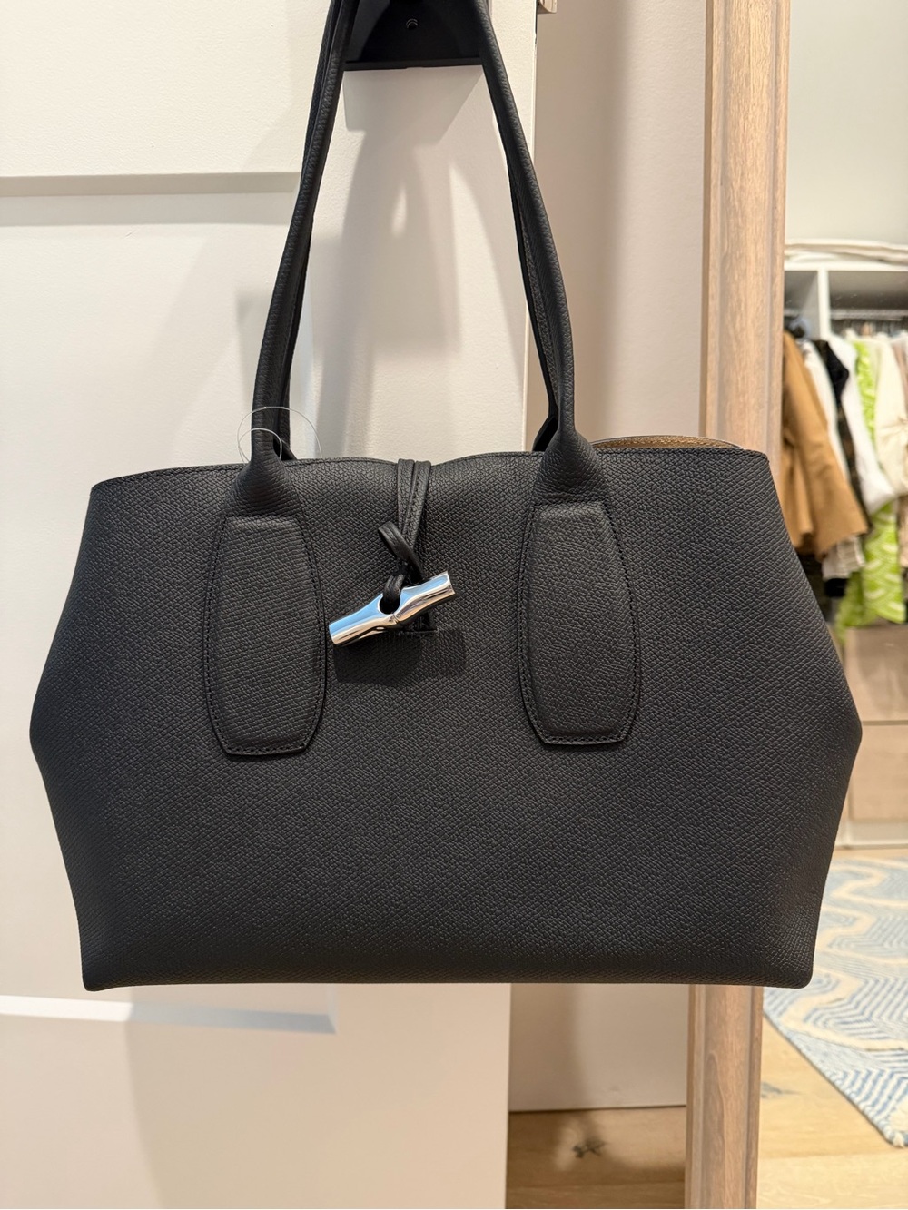 Longchamp Le Roseau tote Black textured leather with Silver bamboo Accent